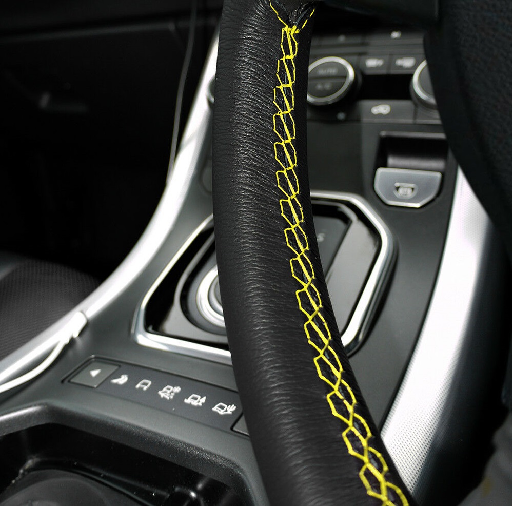 Black Leather with Custom Color Stitching Steering Wheel Cover - Click Image to Close